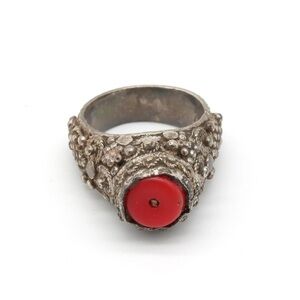 Vintage Sterling Silver Signet Ring Red Cabochon Cut Openwork Design Size 8.5